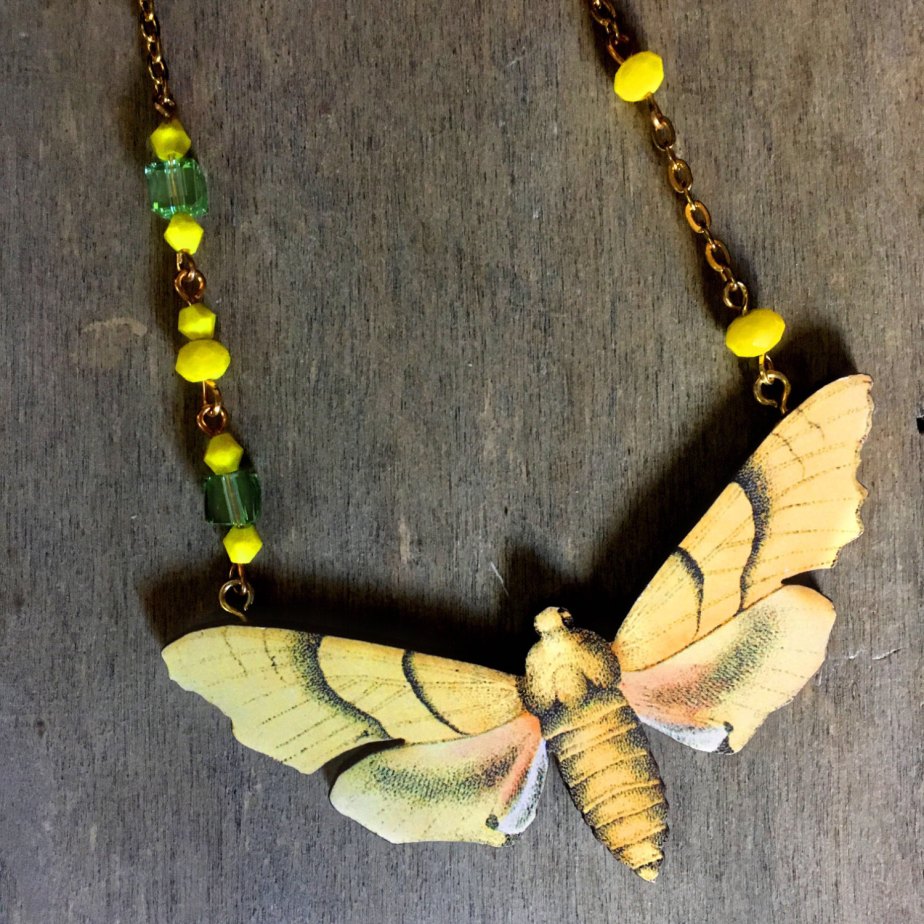 Moth Necklace, Beautiful night Butterfly - Moth wooden charm, Beaded Necklace, Gold Statement Necklace- Unique Spring Summer Gift de XenaStyle