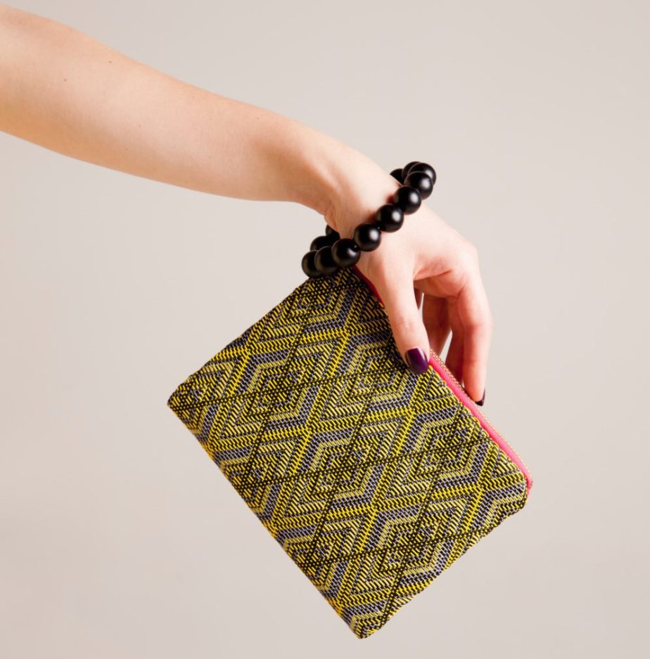 Minimalist wristlet geometric pattern wristlet textile purse Yellow Zipper bag contemporary fashion vquadro vegan evening bag de vquadroitaly
