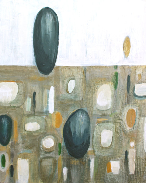 Original- Modern Abstract Painting- 8x10x1-Bronze -White- Cream-Blue Black-Apricot - Leaf Green- Rain Like- Geometric de oneeyedgirls