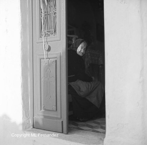 Cyclades islands, black and white photograph, Mykonos Greece, Mediterranean island, vintage photo, woman of Mykonos, year 1968, wall decor de ShadowsOverTime