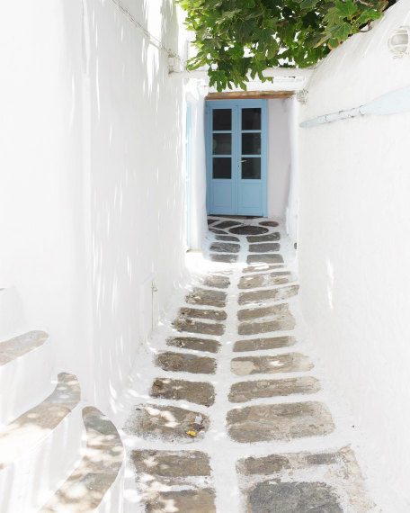 Greece photography - white blue wall art - narrow street - whitewash town - blue door - greece travel print 8x10 