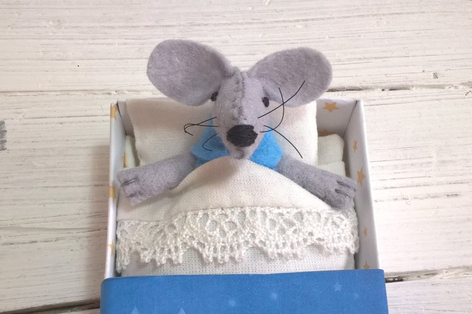 Nursery decor kids gift small felt mouse in matchbox miniature plush stocking stuffers light blue Christmas teen gift white de atelierpompadour