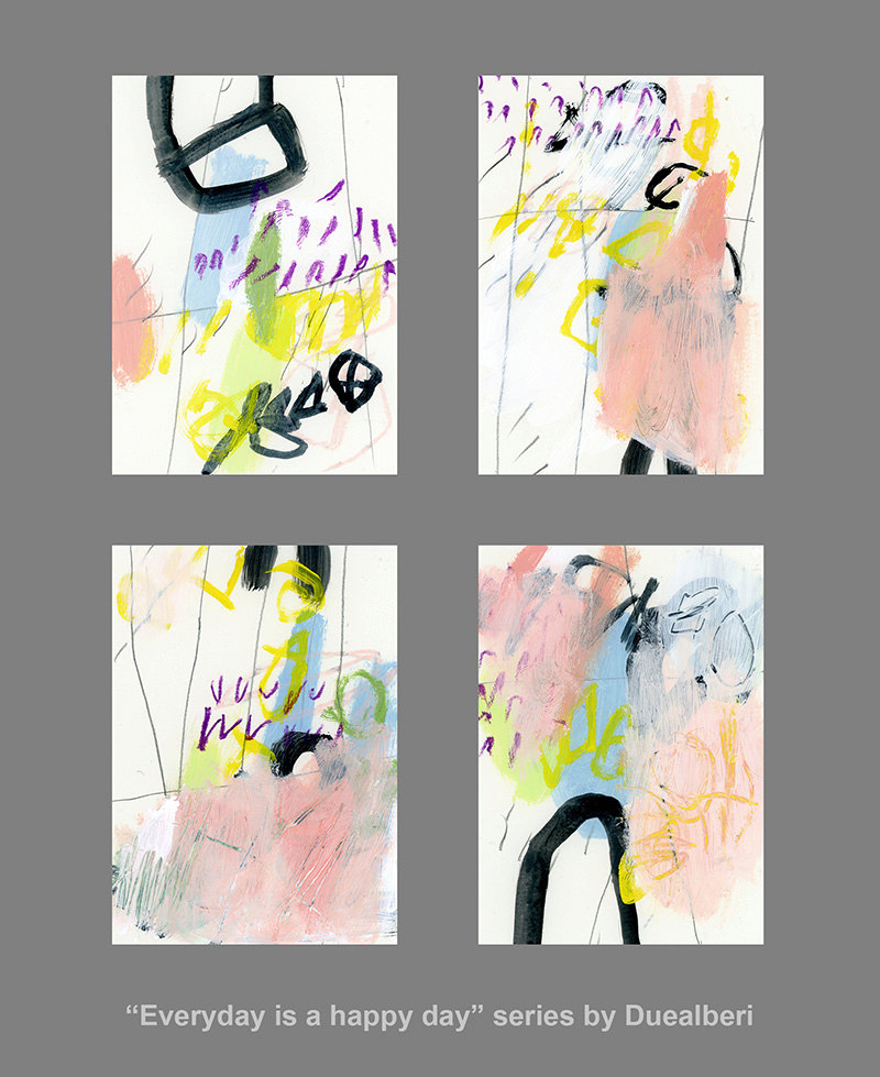 Set of 4 Small Abstract Paintings Original wall art Acrylic on paper pink and yellow "Everyday is a happy day" de DUEALBERI