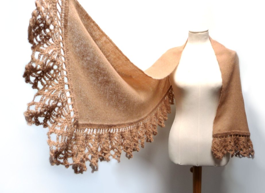 Handwoven and Crochet Shawl Scarf - Beige Camel and Gold Kid Mohair Stole with Crochet Lace Borders de ixela 