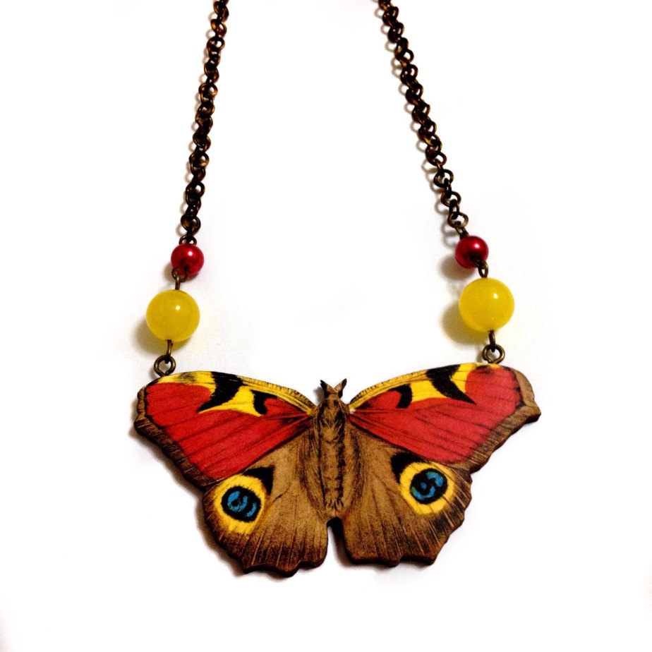 Beautiful night Butterfly-Moth Red Yellow wooden charm pendant, beads, Antique bronze Collar statement necklace- Spring Summer Gift by XenaStyle